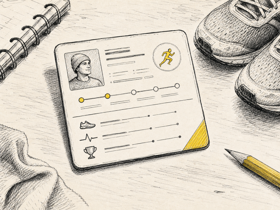 Ink sketch of a digital runner profile card on a desk.