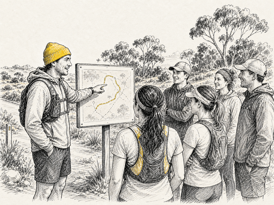 Ink sketch of a running coach speaking with a small group.