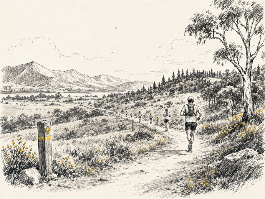 Ink sketch of runners on a quiet trail.