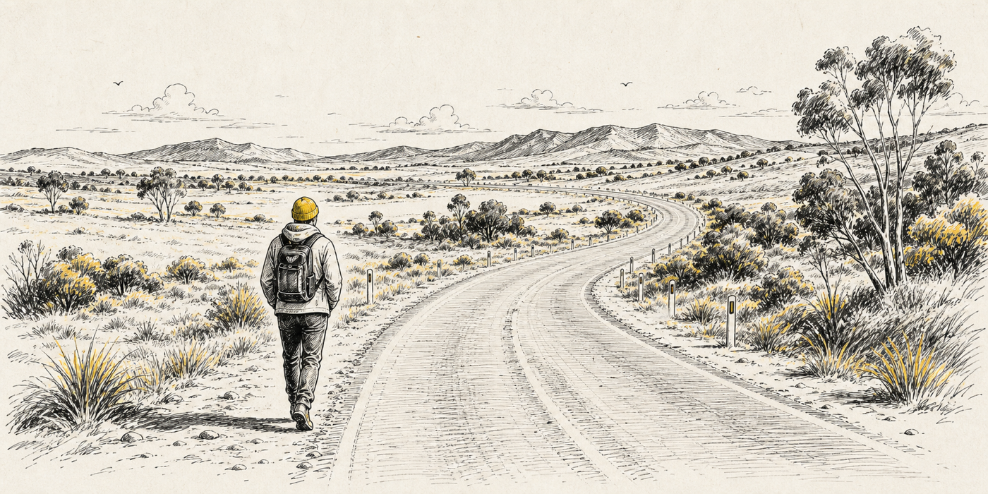 Ink sketch of a traveller in a yellow beanie walking down a long Australian road.